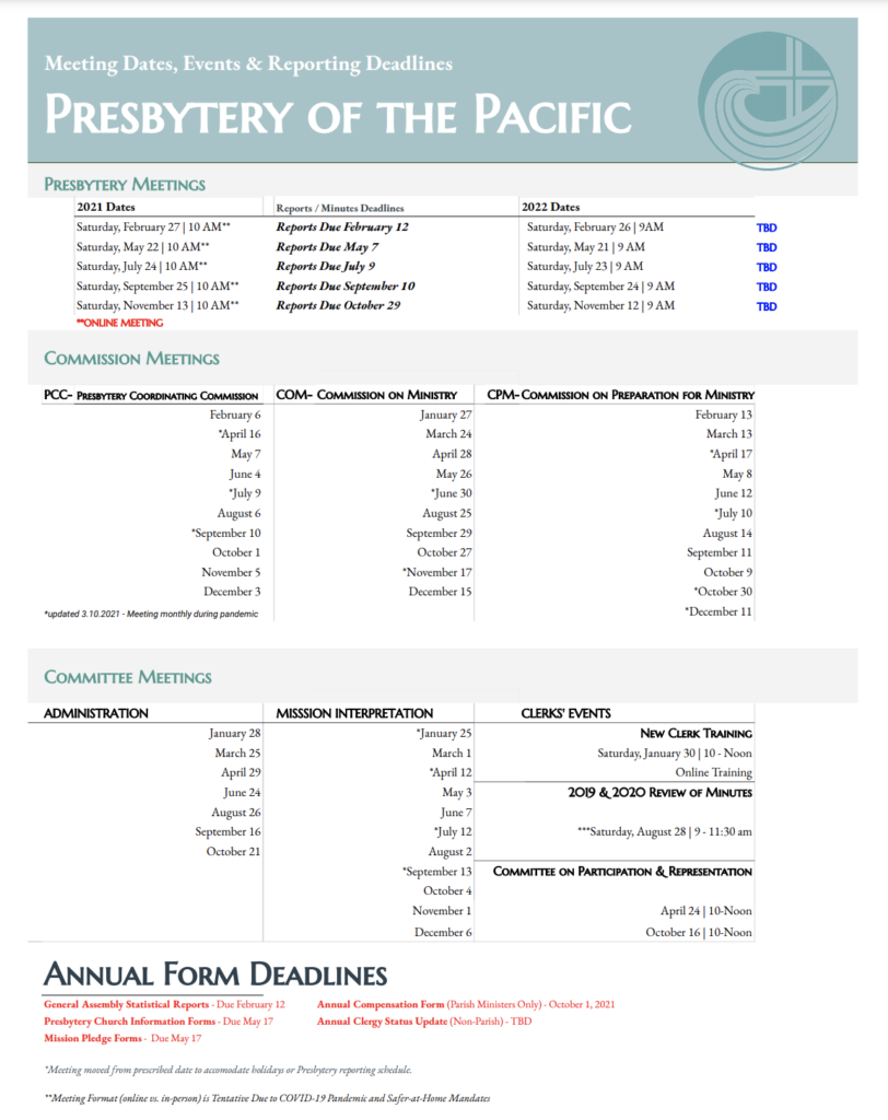 Calendar – Presbytery of the Pacific